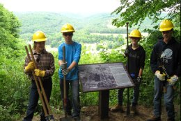 Members of the Marienville Youth Conservation Corps (YCC) crew who installed the new interpretive signs at the Tidioute Overlook. From left: Rachel Baker, Andrew Foys, Emily Everett, Max Thompson.
