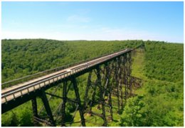 Aerial view of Kinzua Bridge extending out over the gorge