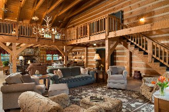 Two-story open lobby and rustic sitting room