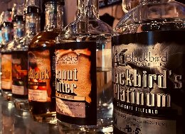 Bottles of moonshine arranged on shelf